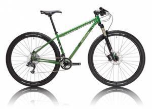 Salsa El Mariachi 3: A green mountain bike with a lightweight frame, front suspension, and black rims, shown against a white background with a reflective surface.