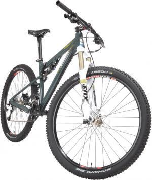 Salsa Horsethief: A mountain bike with a green and black frame, featuring front suspension, thick tires designed for off-road terrain, and a slightly angled position for dynamic riding.
