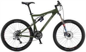 Santa Cruz Blur LT: A green mountain bike with thick tires, front suspension, and disc brakes, shown in a side view.