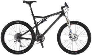 Santa Cruz Blur: A black mountain bike with a lightweight frame, front suspension fork, and disc brakes. The bike features thick tires suitable for off-road terrain and a gear shifter on the handlebars.