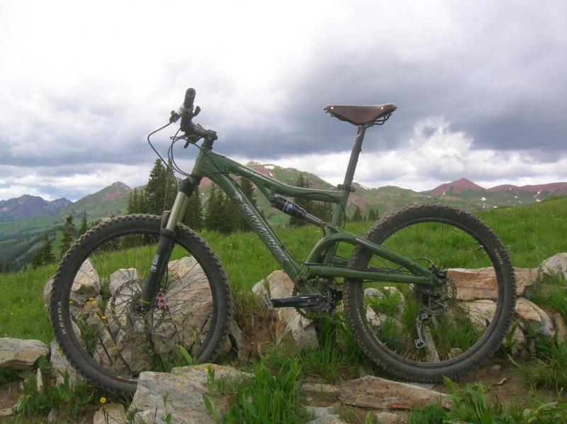 Santa Cruz Heckler: A mountain bike in an outdoor setting, leaning against rocks with a backdrop of rolling hills and cloudy skies. The bike features a green frame and a brown saddle, surrounded by lush green grass and wildflowers.