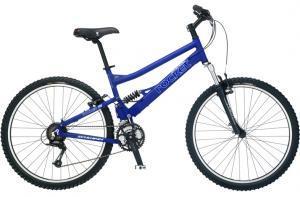 Schwinn Rocket: A blue mountain bike with dual suspension, featuring a sturdy frame, knobby tires, and a standard gear system.