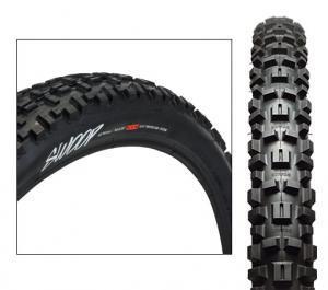 Serfas Swoop: Alt text: "Close-up view of a mountain bike tire showcasing its rugged tread pattern and side profile."