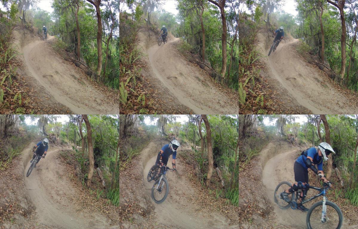 A series of six images depicting a mountain biker in motion as they navigate a dirt trail surrounded by trees and foliage. The cyclist, wearing a helmet and protective gear, is captured leaning into the turns on a winding path. The terrain is sandy with some loose leaves and grass visible, indicating a natural outdoor setting for biking. Loyce E. Harpe Park mountain bike trail.