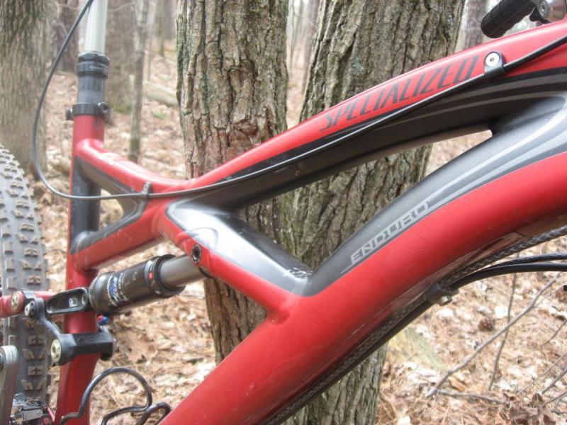 Specialized Enduro Expert: Close-up of a red Specialized Enduro mountain bike frame, positioned against a tree in a wooded area. The image highlights the bike’s frame design and components, showcasing the suspension and tubing structure.