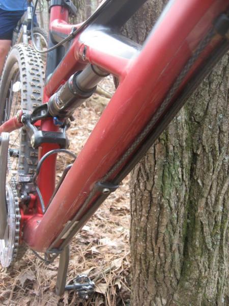 Specialized Enduro Expert: A close-up view of a red mountain bike frame leaning against a tree, showcasing the suspension components and a portion of the bike's drivetrain. The background features a forest floor with pine needles.