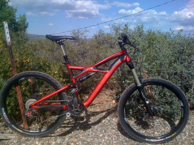 Specialized Enduro SL Expert: A red mountain bike standing on gravel with a backdrop of green bushes and blue sky, featuring white clouds. The bike has prominent suspension components and thick, knobby tires designed for off-road use.