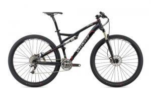 Specialized Epic Marathon 29er: A black and red mountain bike featuring a lightweight frame, front suspension, and disc brakes, displayed against a plain white background.