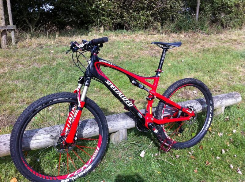 Specialized Epic: A red and black mountain bike leaning against a wooden log in a grassy area, with trees in the background. The bike features thick tires and a suspension system, making it suitable for off-road riding.