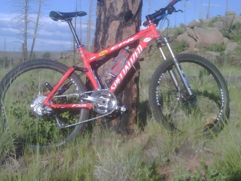 Specialized Epic: A red mountain bike with a specialized frame is leaning against a tree in a grassy outdoor setting. The bike features thick tires and a water bottle attached to the frame, with rocky terrain and sparse trees in the background under a clear blue sky.