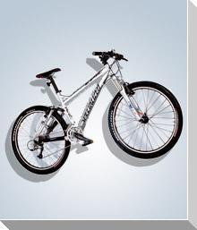 Specialized Epic: Mountain bike suspended against a light grey background, showcasing its sleek frame, black tires, and detailed components.