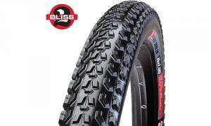 Specialized Fast Trak LK Control: A close-up image of a mountain bike tire, showcasing its textured tread pattern designed for traction. The tire is partially angled to highlight its contours, and a logo labeled "Bliss" is visible in the top left corner.