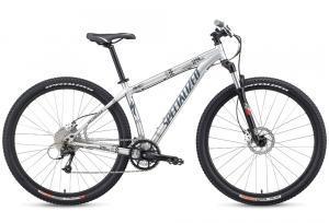 Specialized Rockhopper Expert Disc 29er: A silver and black mountain bike with wide tires, a sturdy frame, and front suspension, positioned at an angle to showcase its design.