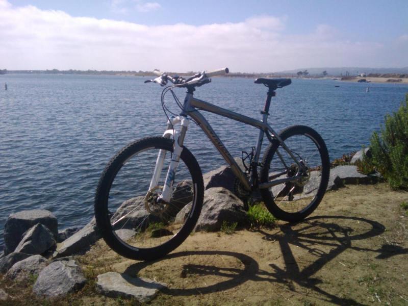 Specialized Rockhopper: A mountain bike parked on a rocky shoreline, with a calm body of water and blue sky in the background. The bike casts a shadow on the ground, and there are patches of grass and small plants nearby.