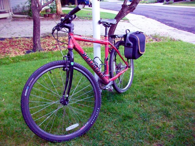 Specialized Rockhopper: A red mountain bike with black tires and a small black bag attached to the back, leaning against a white pole. The bike is positioned on green grass with a pathway and trees in the background.
