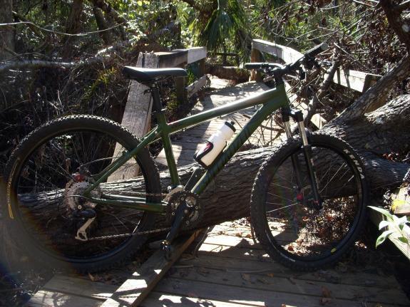 Specialized Rockhopper: A green mountain bike is parked on a wooden path next to a fallen tree in a natural setting. The bike has a water bottle attached to its frame and is surrounded by vegetation and trees, indicating an outdoor biking adventure.