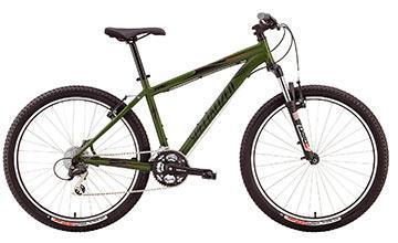 Specialized Rockhopper: A green mountain bike with a sturdy frame, front suspension, and knobby tires, positioned against a plain background.