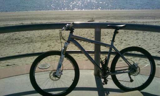 Specialized Rockhopper: A silver mountain bike leaning against a railing, with a sandy beach and sparkling water in the background under bright sunlight.