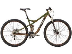Specialized Stumpjumper FSR 29: Mountain bike in olive green and brown colors, featuring large tires and front suspension. The bike is designed for trail riding and off-road use.