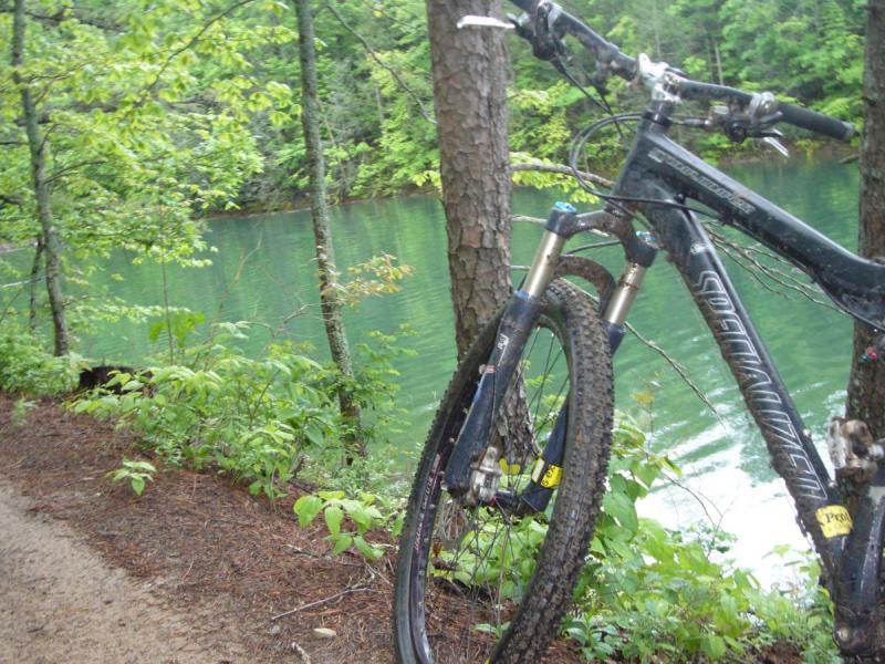 Specialized Stumpjumper FSR Expert: A mountain bike resting on a dirt path surrounded by lush green vegetation, with a serene, turquoise lake visible in the background. The scene captures a peaceful outdoor setting, ideal for biking and exploring nature.