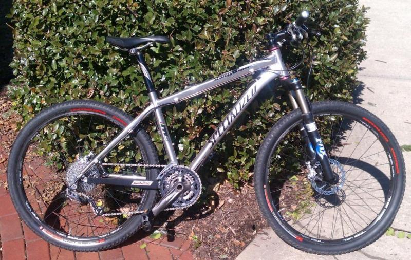 Specialized Stumpjumper: A silver mountain bike with black tires and red accents, leaning against a green bush. The bike features a lightweight frame, front suspension, and a multi-gear drivetrain. The setting includes a brick pathway in the foreground.