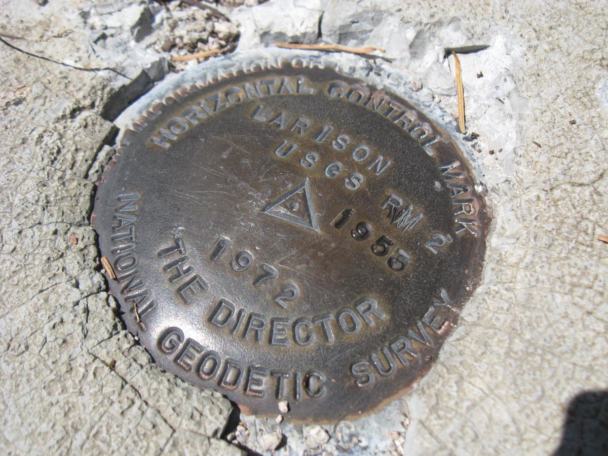 A close-up view of a horizontal control mark embedded in concrete, featuring inscriptions that read "LARISON," "USGS RM 2," "1955," "1972," "THE DIRECTOR," and "NATIONAL GEODETIC SURVEY." The mark is surrounded by small debris and natural elements like pine needles. Larison Rock mountain bike trail.