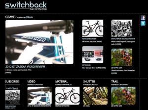 * Switchback - Fuel for the trail: Screenshot of a website named "Switchback," featuring sections for gravel biking, video reviews (including a 2012 GT Zaskar review), and various categories like gear and trails. The layout includes images of bicycles and biking-related content.