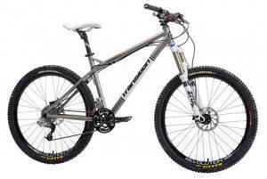 Transition TransAM: A modern mountain bike with a sleek silver frame, front suspension, and rugged tires, positioned at an angle to showcase its components. The bike features a white saddle, disc brakes, and a multi-gear system.