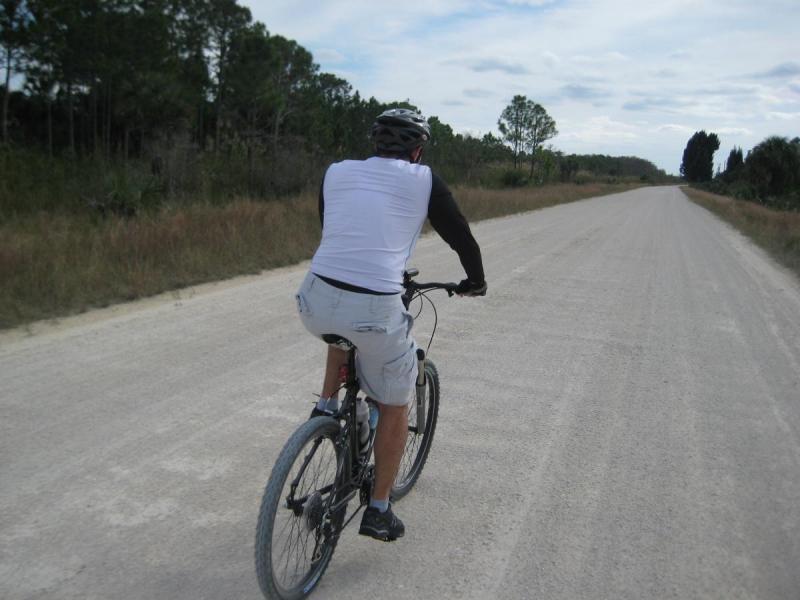 Trek 4300: A person riding a mountain bike on a dirt road surrounded by greenery, viewed from behind. The cyclist is wearing a helmet and a white and black long-sleeve shirt, and the road stretches into the distance under a cloudy sky.