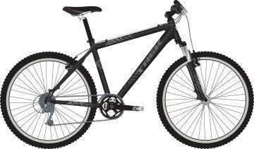 Trek 4300: A black mountain bike with a sturdy frame, thick tires, and dual suspension. The bike features a comfortable saddle, handlebars with grips, and gear shifters. It is designed for off-road cycling adventures.