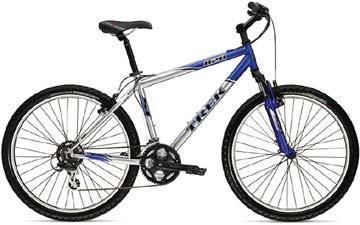 Trek 820: A blue and silver mountain bike with a lightweight frame, thick tires, and a comfortable seat, designed for off-road riding.