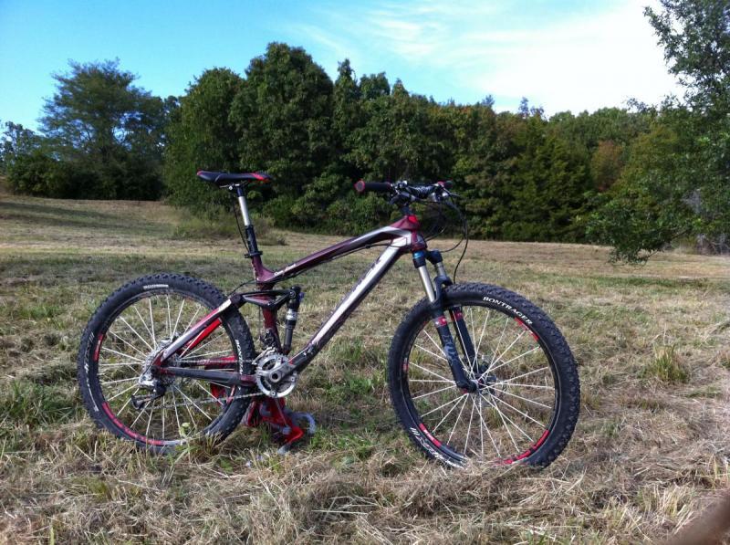 Trek Remedy 9.9: A mountain bike positioned on grassy terrain with a backdrop of trees under a clear blue sky. The bicycle features a sleek silver and maroon frame, front and rear suspension, and knobby tires suitable for off-road riding.