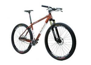 Van Dessel Ramble Tamble: Image of a modern mountain bike with a metallic brown frame, suspension fork, and wide tires designed for off-road riding. The bike features disc brakes and a sleek, sporty design, suitable for adventurous cycling.