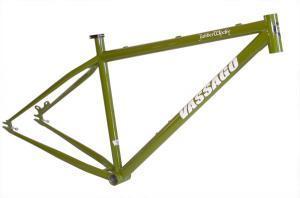 Vassago Jabberwocky: Mountain bike frame in olive green with the brand name "Vassago" prominently displayed.