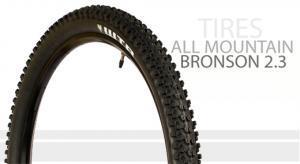 WTB Bronson 2.3: Black mountain bike tire with a tread pattern suitable for all mountain riding, labeled "Bronson 2.3."