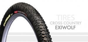 WTB ExiWolf: Close-up image of a cross-country bicycle tire, labeled "Exiwolf," showcasing its tread design and branding.