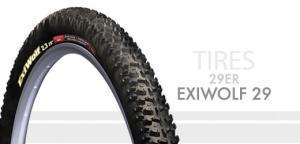 WTB ExiWolf 29er: Image of a 29-inch mountain bike tire labeled "Exiwolf 29." The tire features a rugged tread design suitable for off-road terrain, with visible sidewall markings and branding.