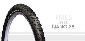 WTB Nano 29er: A black mountain bike tire labeled "NANO 29" with a textured tread pattern, designed for 29-inch rims, displayed against a white background.