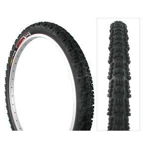 WTB WeirWolf: Alt text: "A black mountain bike tire displayed from the side and top views, showcasing its tread pattern designed for off-road traction."