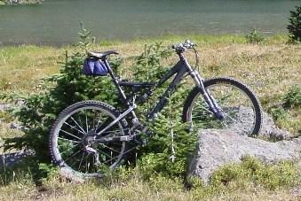 Yeti 575: Alt text: A mountain bike resting against a rock, surrounded by green grass and small trees, with a lake visible in the background.