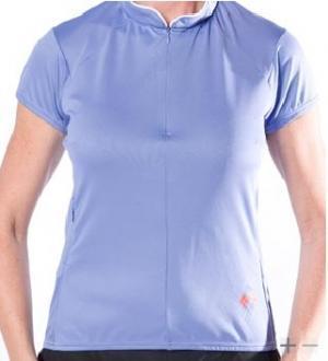 ZOIC Cheeky Jersey: A close-up view of a short-sleeve, light blue athletic shirt with a zippered collar designed for active wear. The shirt features a sleek and fitted style, suitable for sports or outdoor activities.