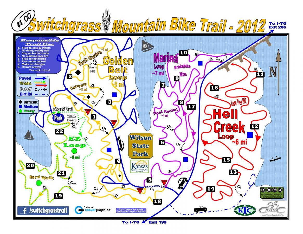 Map of the Switchgrass Mountain Bike Trail, 2012, featuring various trails for biking. The map indicates different loops (Golden Belt, Marina, Wilson State Park, and Hell Creek) with distances, difficulty levels, and key landmarks. It includes guidelines for responsible trail use and directional arrows. The map's layout includes color-coded trails and symbols for paved, difficult, and easy paths, alongside important exit points to I-70. Switchgrass mountain bike trail.