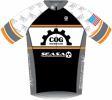 A cycling jersey featuring a black and gray design with orange accents. The front displays a gear logo with the text "COG" and various sponsor logos. The sleeves have a patterned design and the back is solid black.