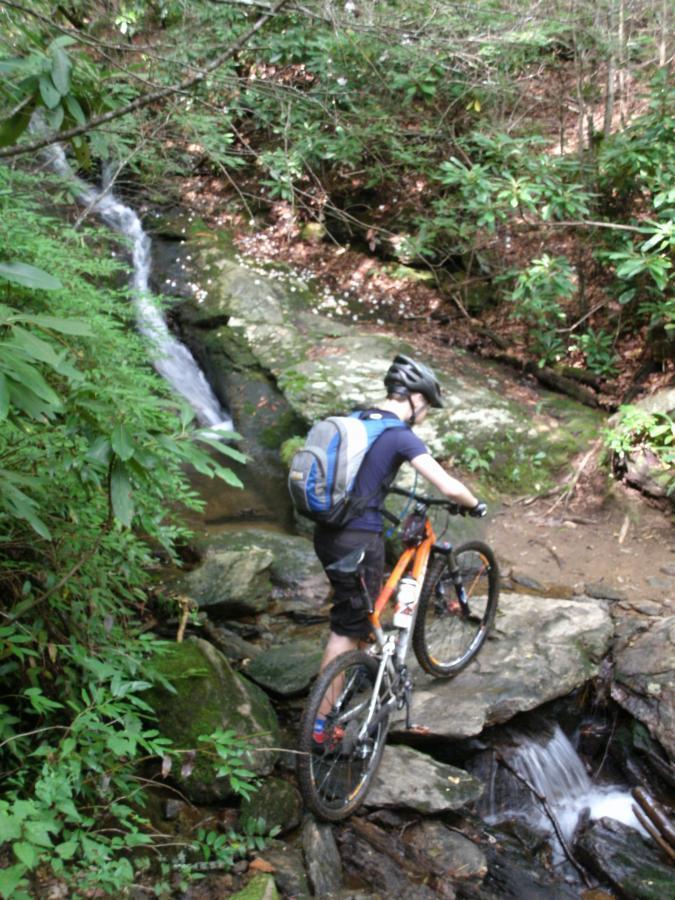 A mountain biker navigating over rocky terrain next to a small stream surrounded by lush greenery in a forested area. The rider is wearing a helmet and a backpack. Pilot Cove-Slate Rocks / 102 mountain bike trail.
