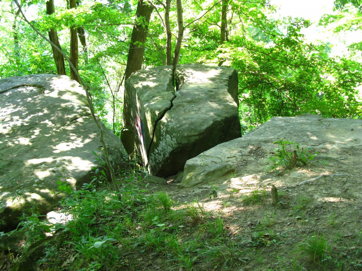 A pair of large, weathered boulders partially covered in sunlight, surrounded by lush green trees and underbrush. The boulders show a visible crack in one of them, with the ground beneath them showing signs of vegetation and earth. Sells Park mountain bike trail.