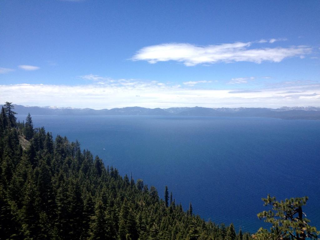 A scenic view of Lake Tahoe, featuring a vast blue lake surrounded by mountains under a clear blue sky. The foreground is filled with lush green pine trees, leading down to the tranquil water surface. Flume Trail mountain bike trail.
