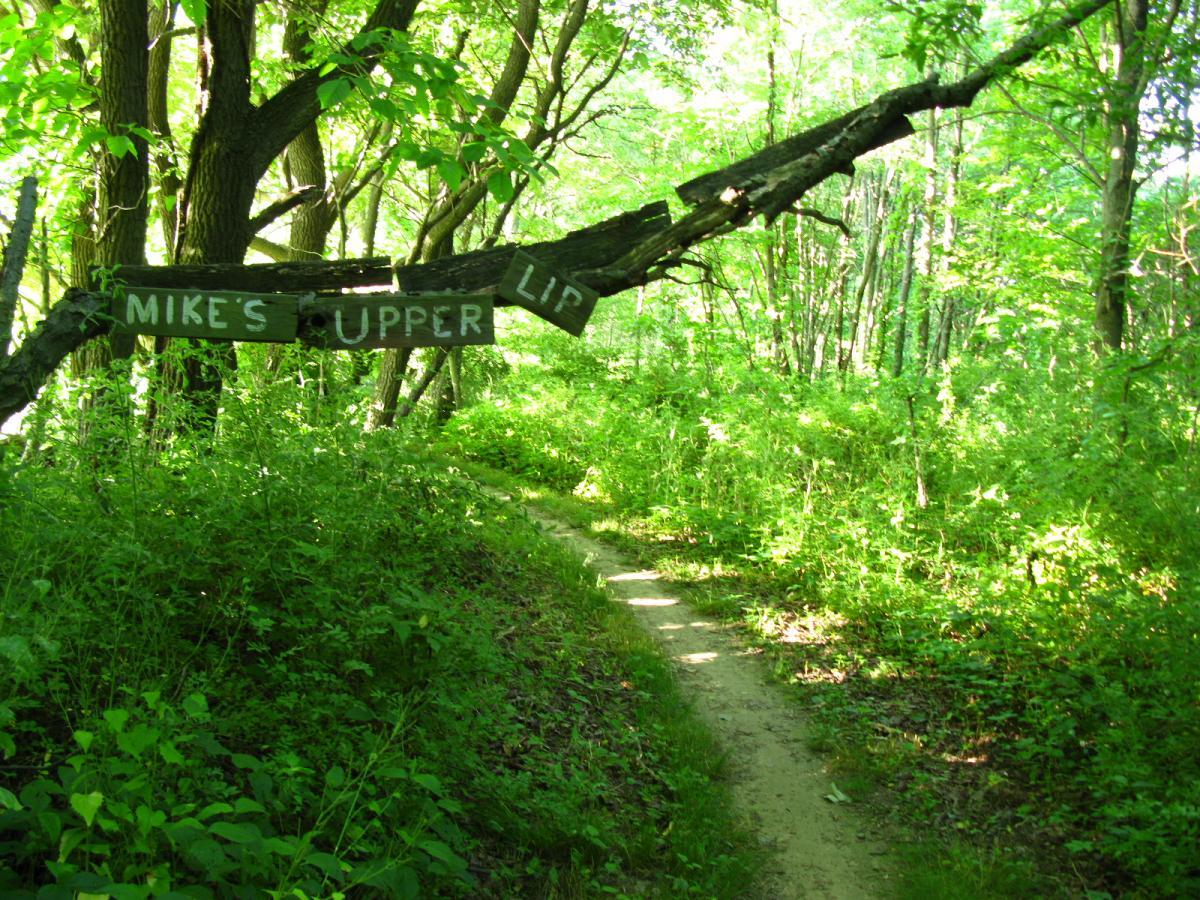 A wooded trail with a wooden sign hanging from a tree branch that reads "MIKE'S UPPER LIP." Lush greenery surrounds the path, indicating a vibrant, natural setting. Vultures Knob mountain bike trail.