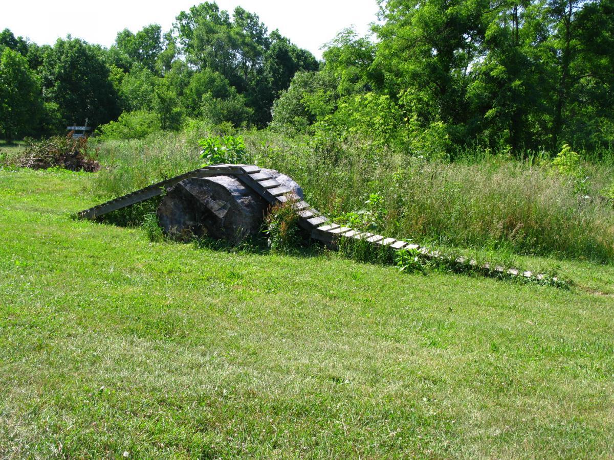 A large, weathered log lies on the ground, partially covered with greenery. A wooden ramp extends from the log, creating an interesting artistic structure in a grassy field surrounded by trees and tall grass. The scene is bathed in sunlight, suggesting a bright, clear day. Vultures Knob mountain bike trail.