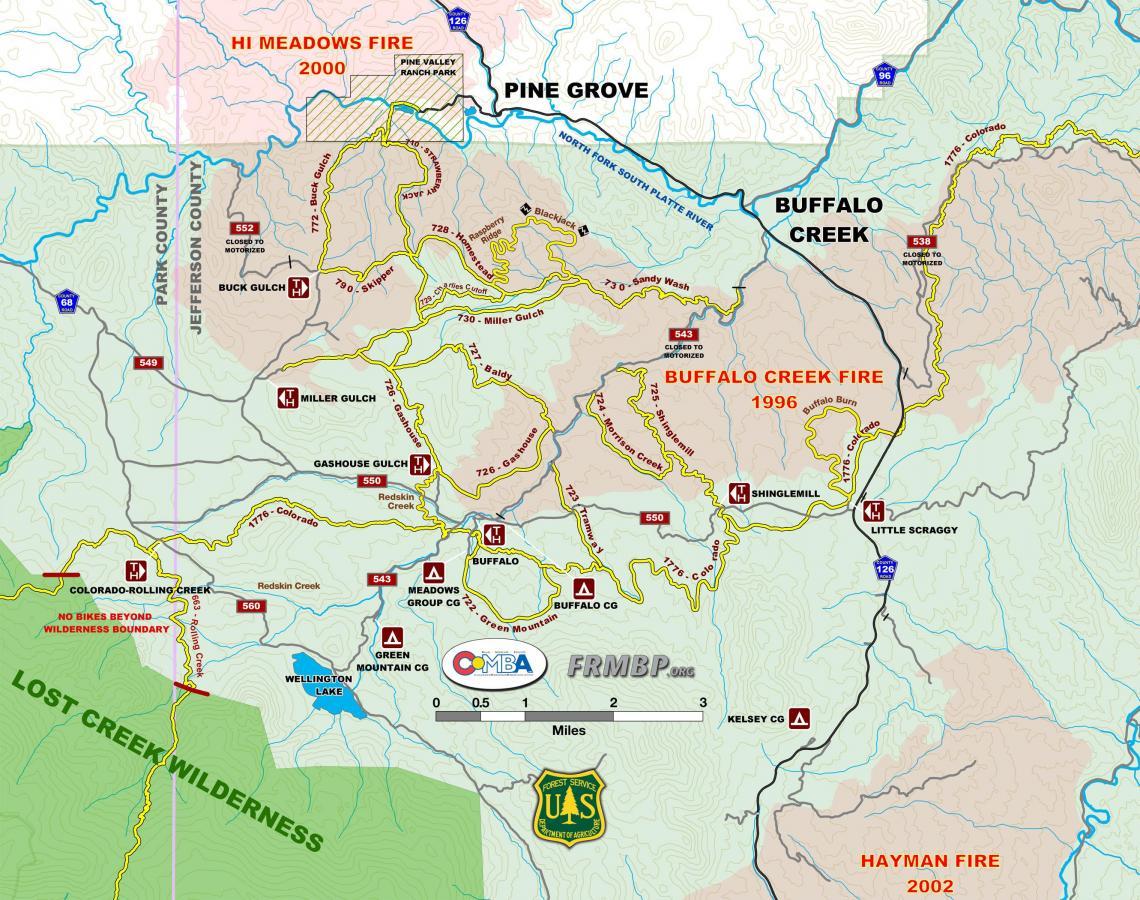 Map showing forest areas affected by wildfires in Colorado, including the Hi Meadows Fire (2000), Buffalo Creek Fire (1996), and Hayman Fire (2002). The map highlights various trails, waterways, and boundaries, with indicators for road closures and wilderness areas in Park and Jefferson Counties. Buffalo Creek mountain bike trail.