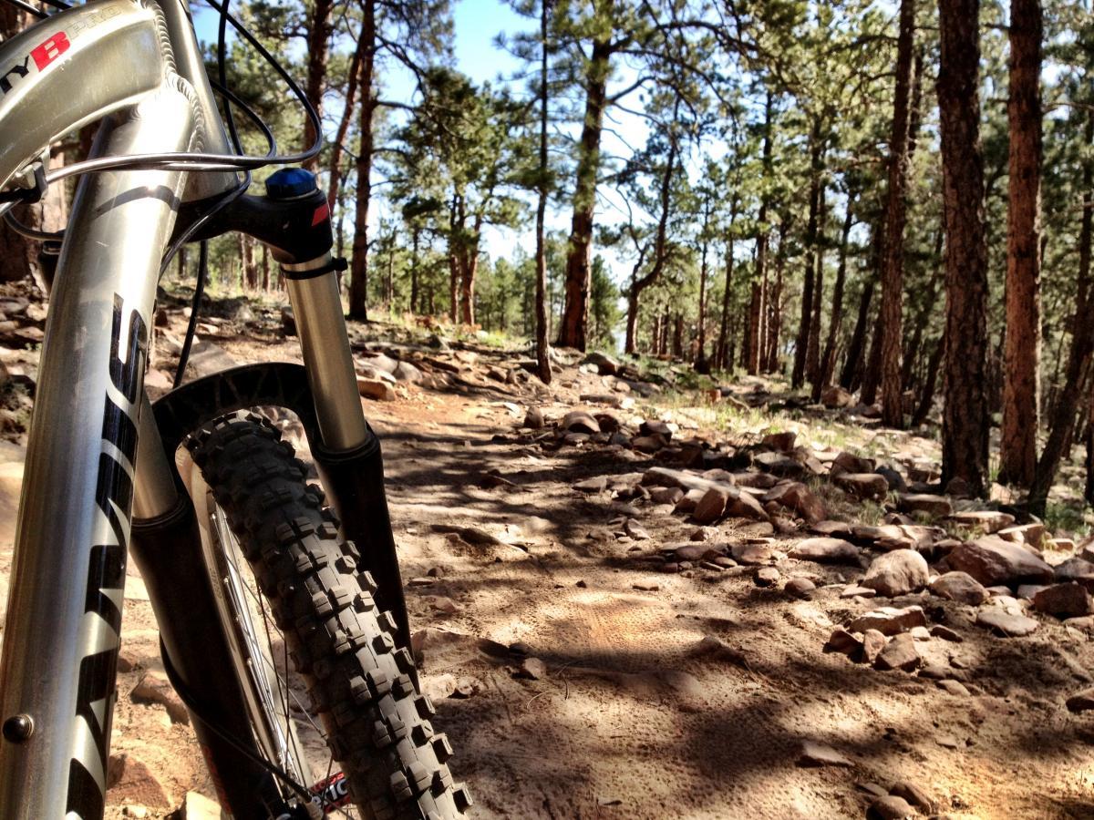 A close-up view of a mountain bike resting on a rocky trail, surrounded by tall trees and a bright blue sky peeking through the foliage. The bike features a silver frame and textured tires, indicating a rugged terrain suitable for off-road biking. Heil Valley Ranch mountain bike trail.